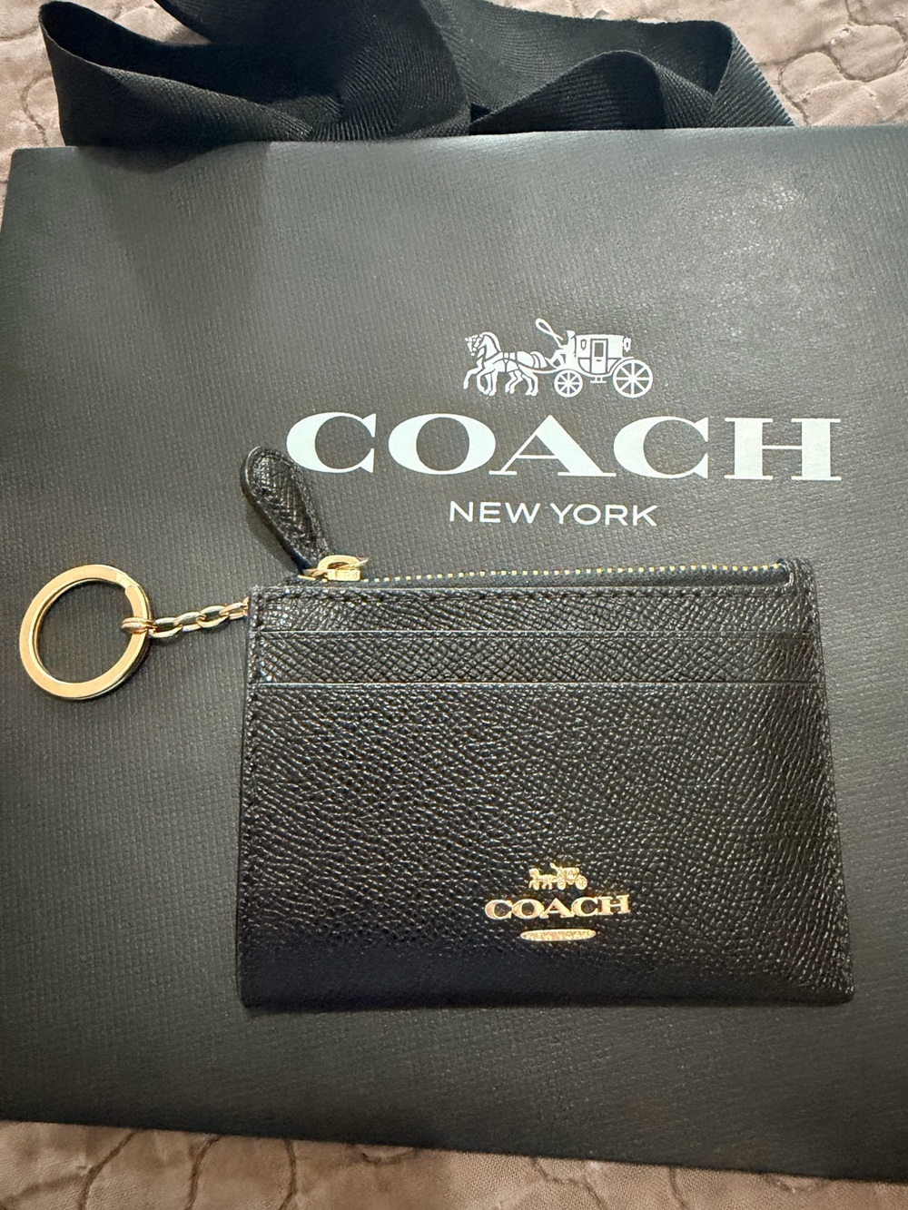 Coach Black Leather Cardholder with Tan Suede ID Window and Gold Keyring